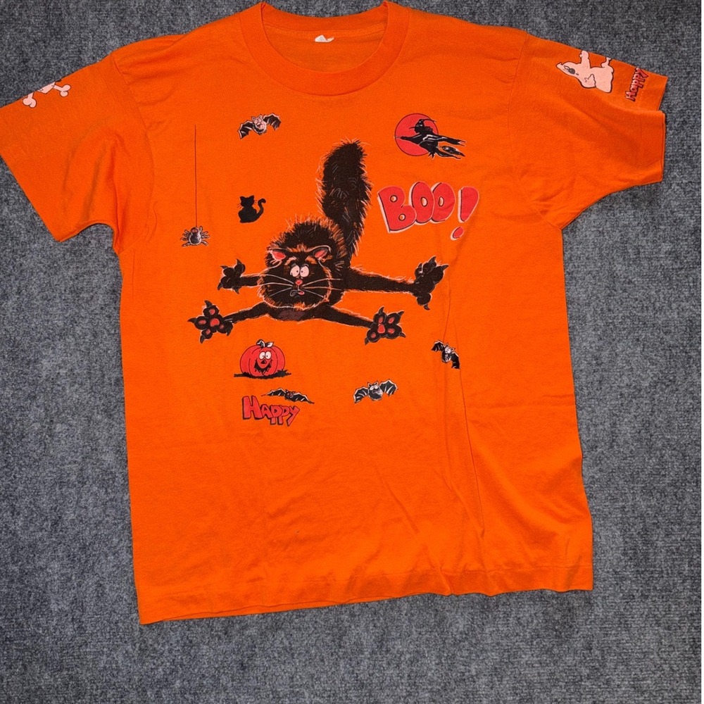 Vintage 80s Halloween T Shirt XL Screen Stars Black Cat Ghost Single Stitch USA